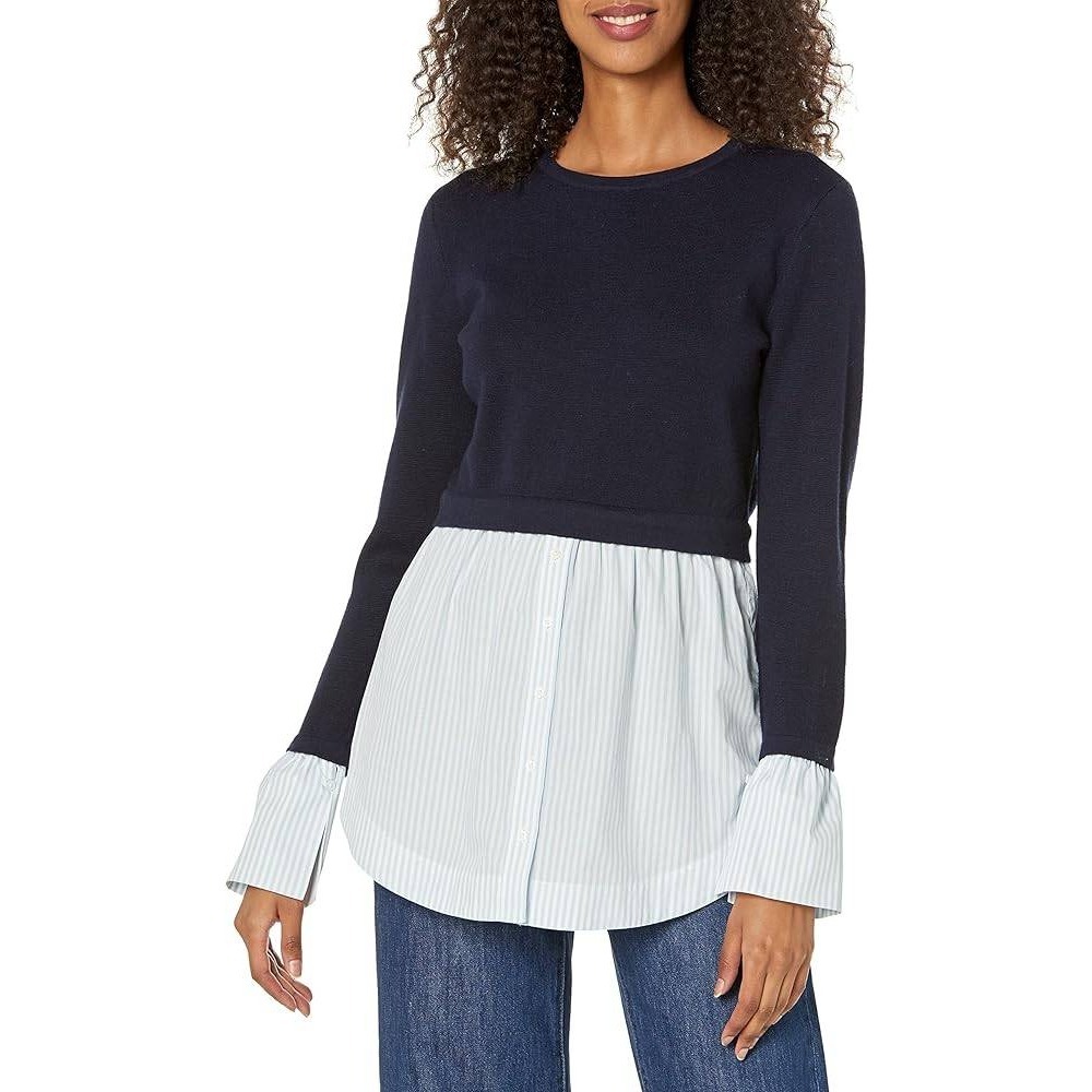 Club Monaco Navy Waffle Knit Mixed Media Layered Shirt Hem Sweater Large